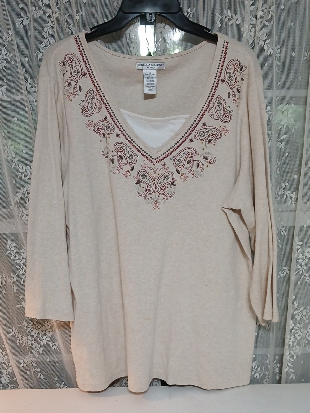 Rebecca Malone Cream Tunic Top with Burgundy Paisley Embroidery